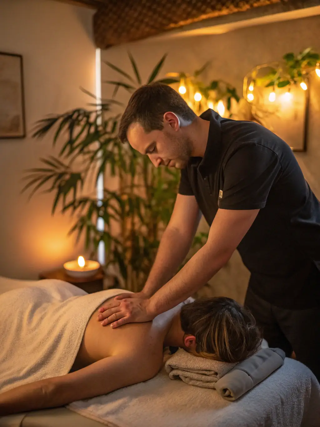 A skilled therapist applying deep tissue massage techniques to a client's back, relieving muscle tension and promoting recovery.