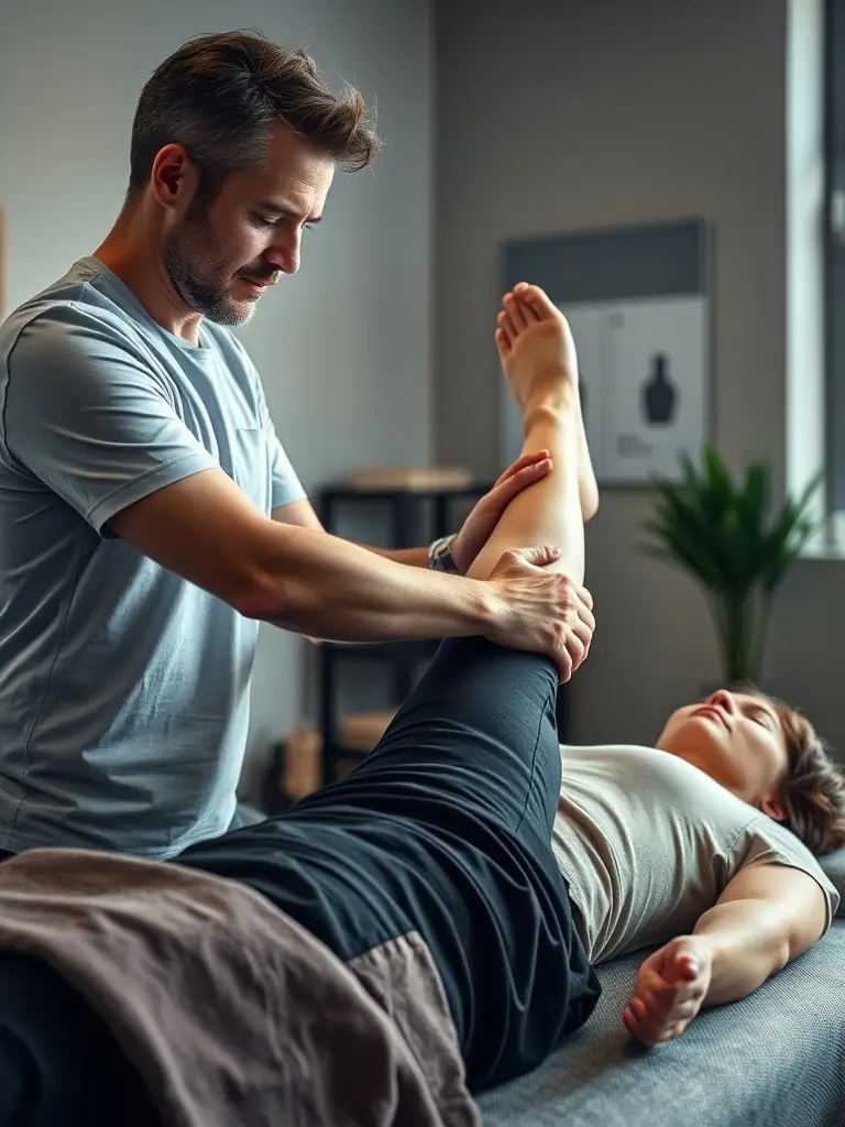 A therapist gently stretching a client's limbs during a Thai massage session, promoting flexibility and energy flow.