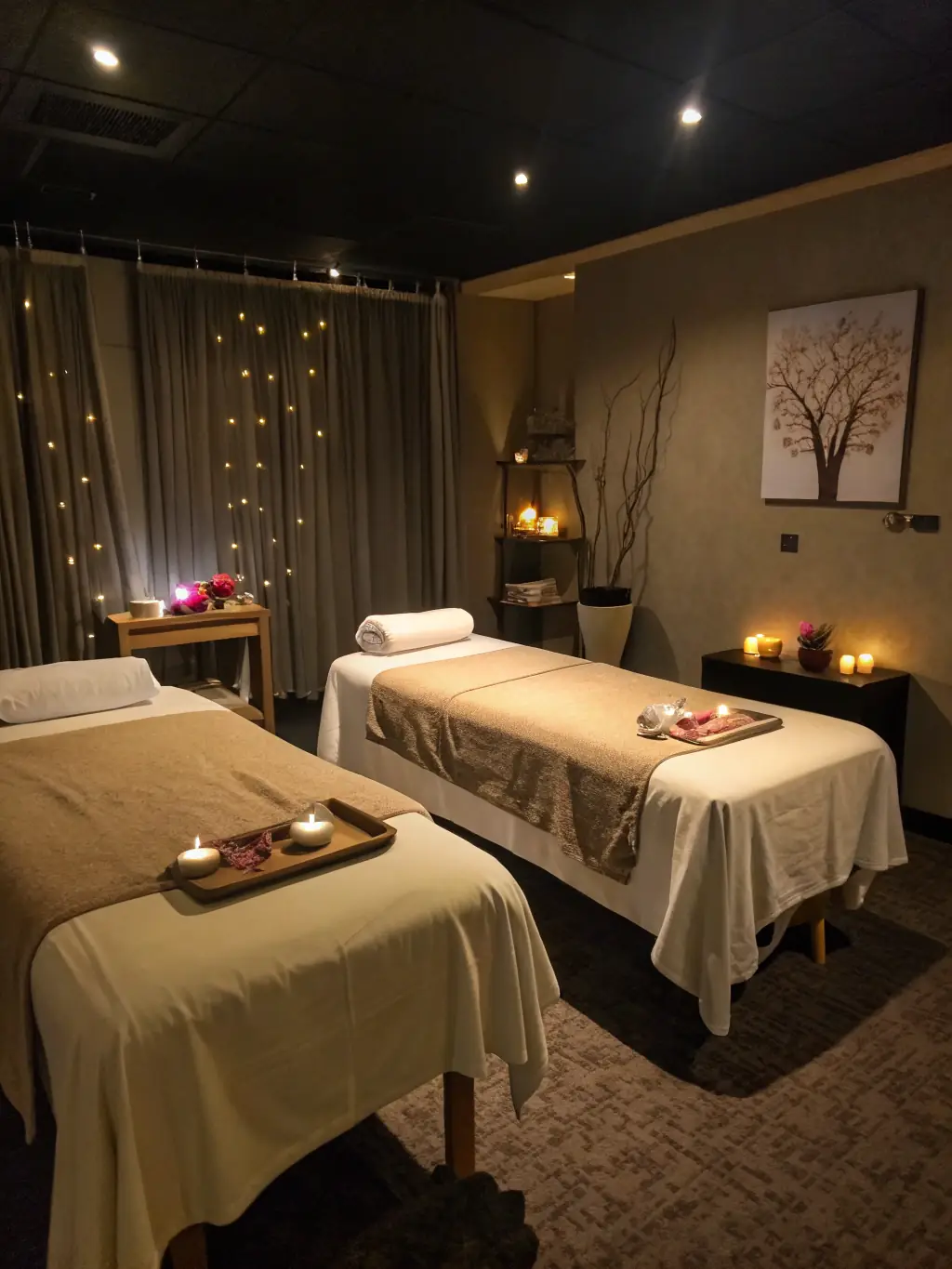 A couple enjoying a relaxing couples massage in a luxurious hotel suite in Dubai, enhancing their connection and well-being.