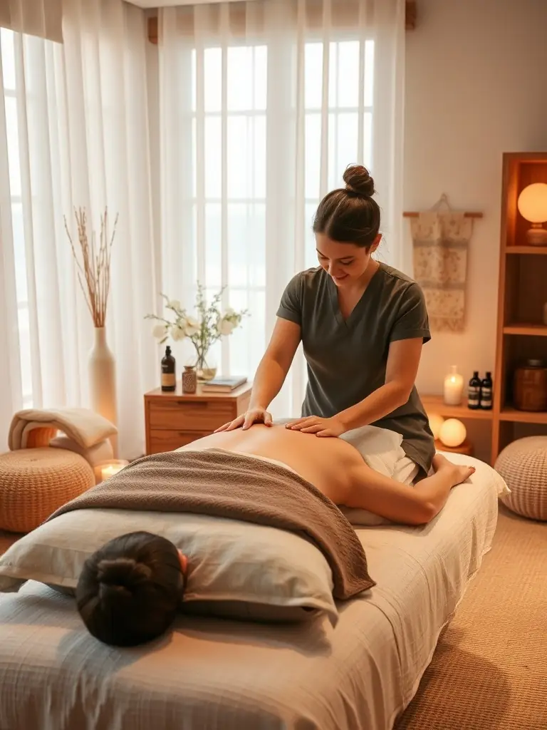 A serene image of a therapist performing a relaxing aromatherapy massage on a client in a dimly lit hotel room in Dubai, focusing on stress relief.